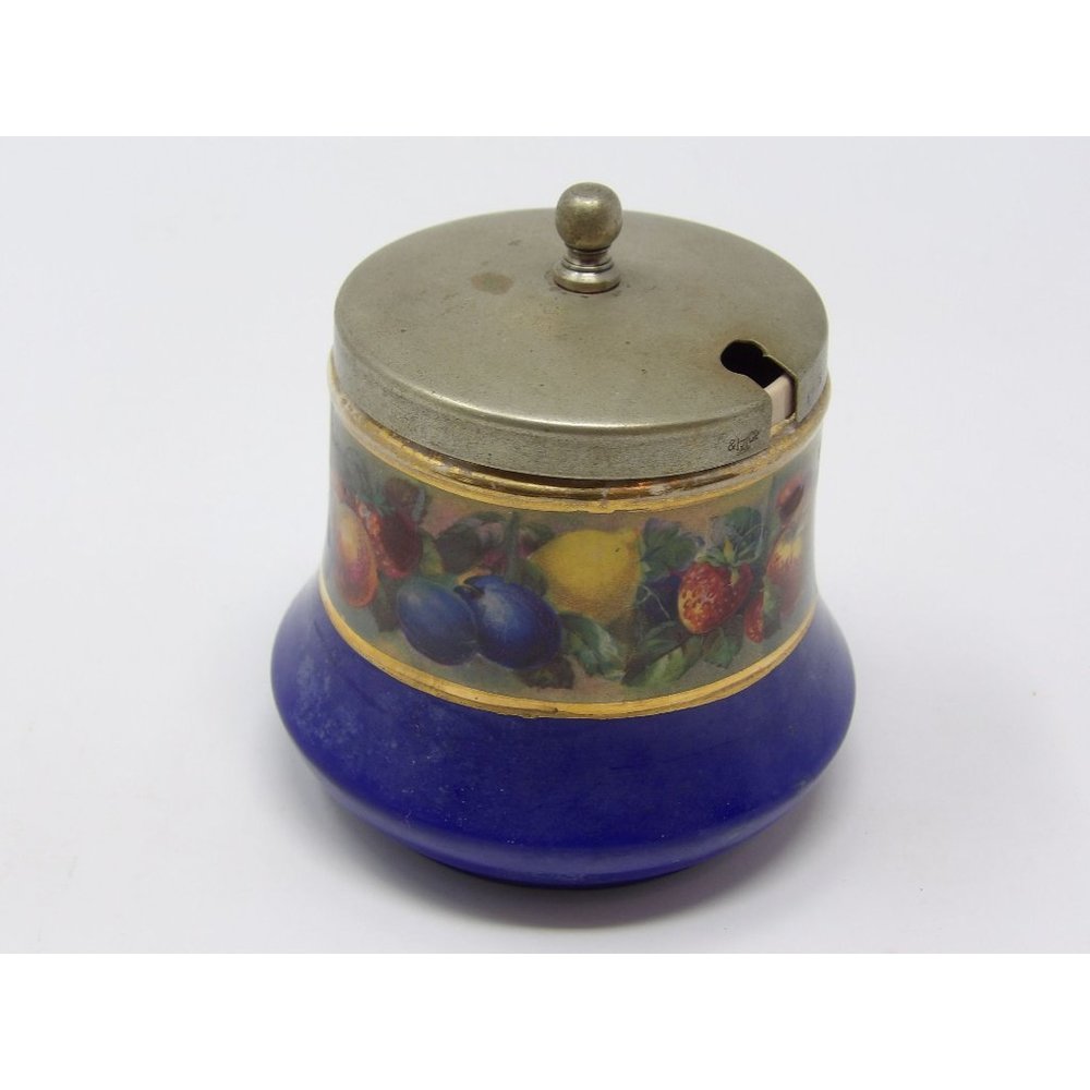 Meir Wade Staffordshire Porcelain Jam Jar Blue with Gold Trim Adorned with Fruit